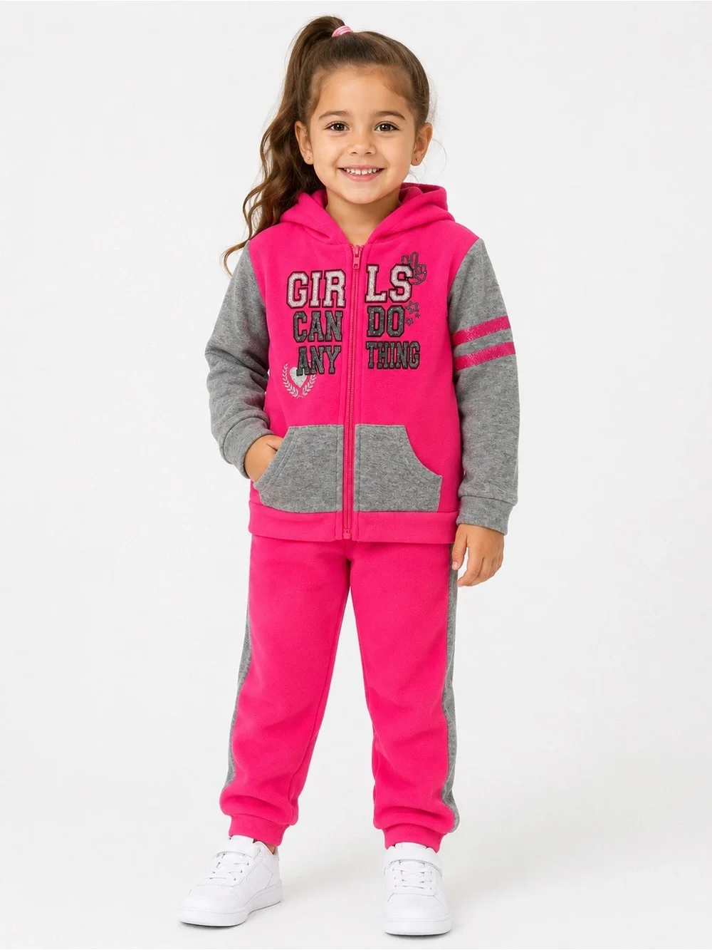 Girls Pink & Gray “Girls Can Do Anything” Hoodie & Jogger Set